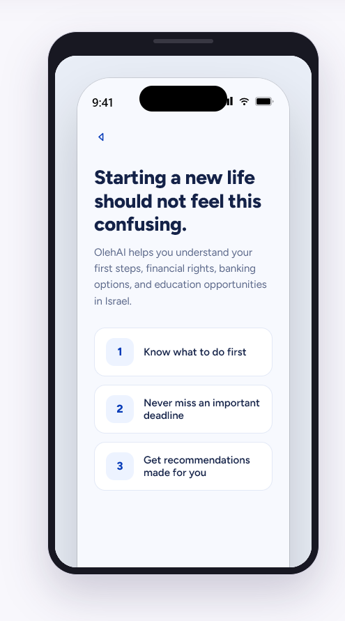 OlehAI welcome screen in the mobile prototype
